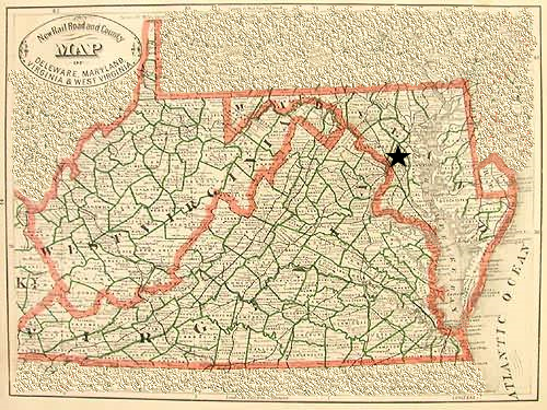 Map outlining the borders of Virginia, West Virginia, Maryland and Sussex County, Delaware